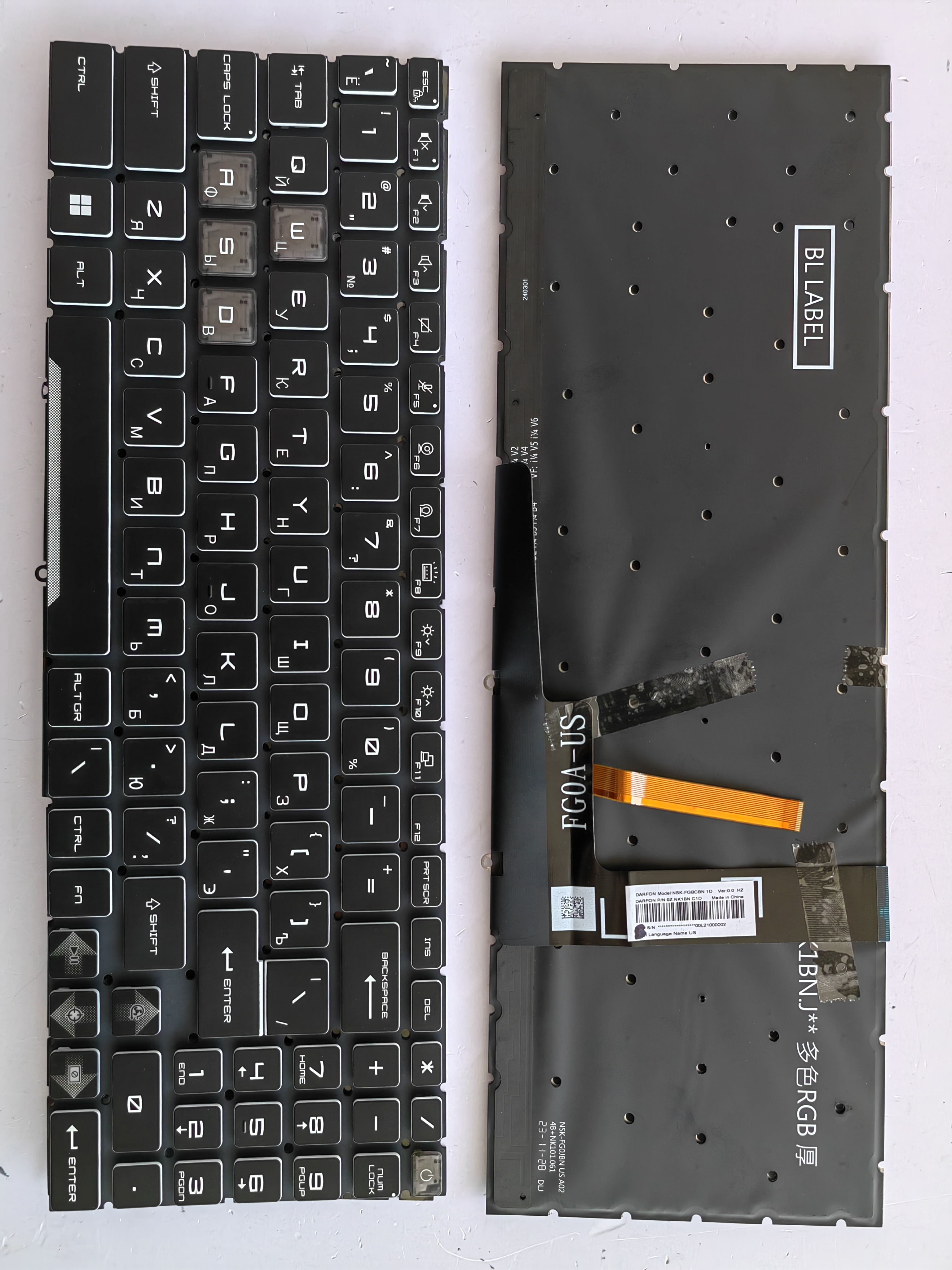 Picture of New Replacement Laptop Keyboard For MSI GF66/GF76/GL66/GL76 colorful backlight thick cable BLACK Backlit,White Side (OEM) RU Layout